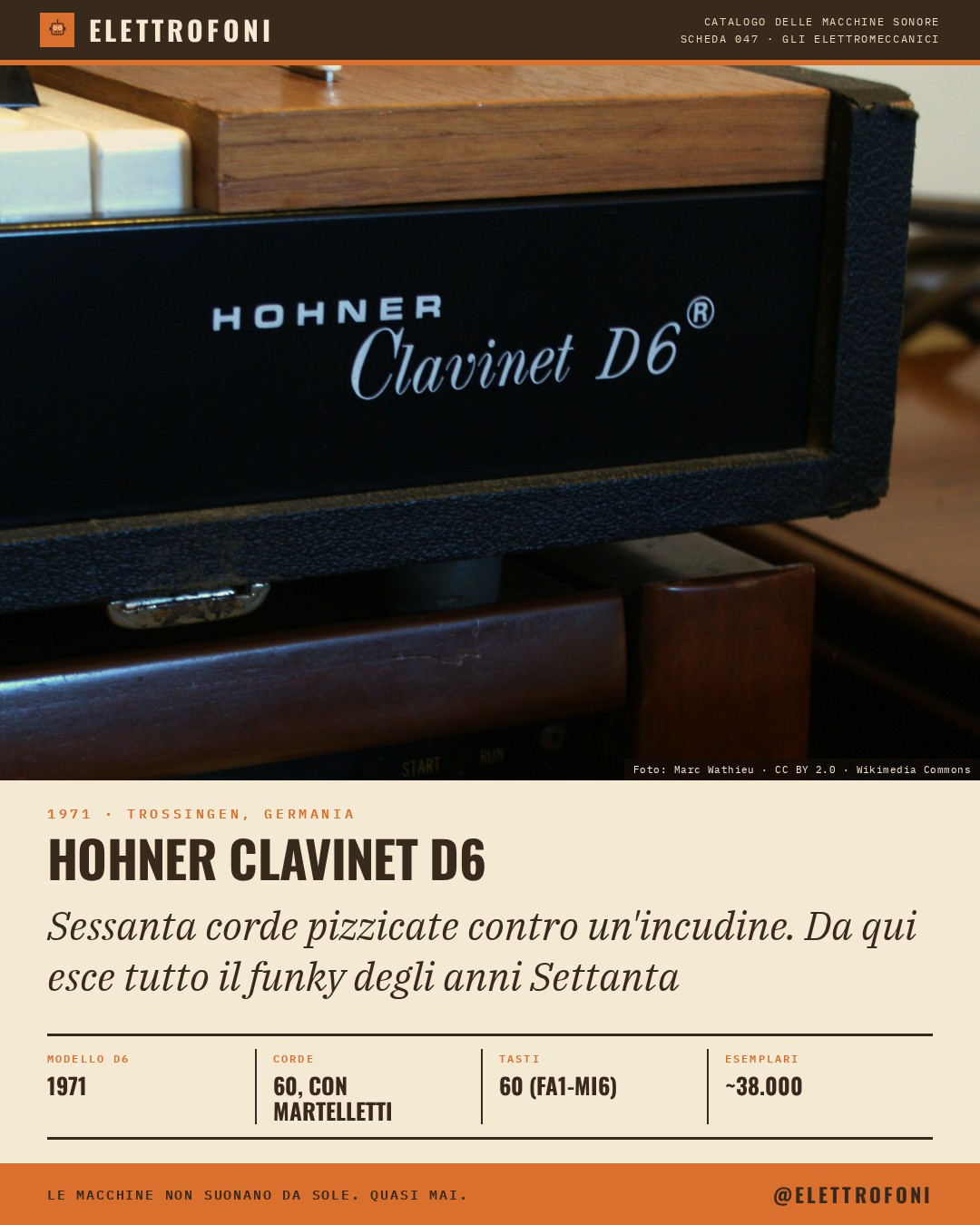 Hohner Clavinet D6: fotografia dello strumento del 1971, costruito da Hohner. Sessanta corde pizzicate contro un'incudine. Da qui esce tutto il funky degli anni Settanta.