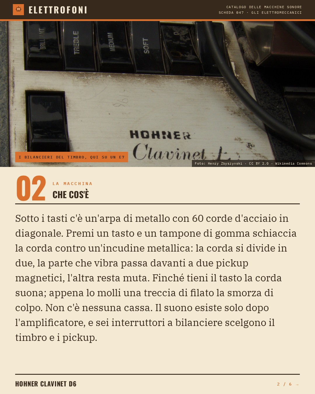 Hohner Clavinet D6 (1971) — che cos'è. Sotto i tasti c'è un'arpa di metallo con 60 corde d'acciaio in diagonale. Premi un tasto e un tampone di gomma schiaccia la corda contro un'incudine metallica: la corda si divide in due, la parte che vibra passa davanti a due pickup mag