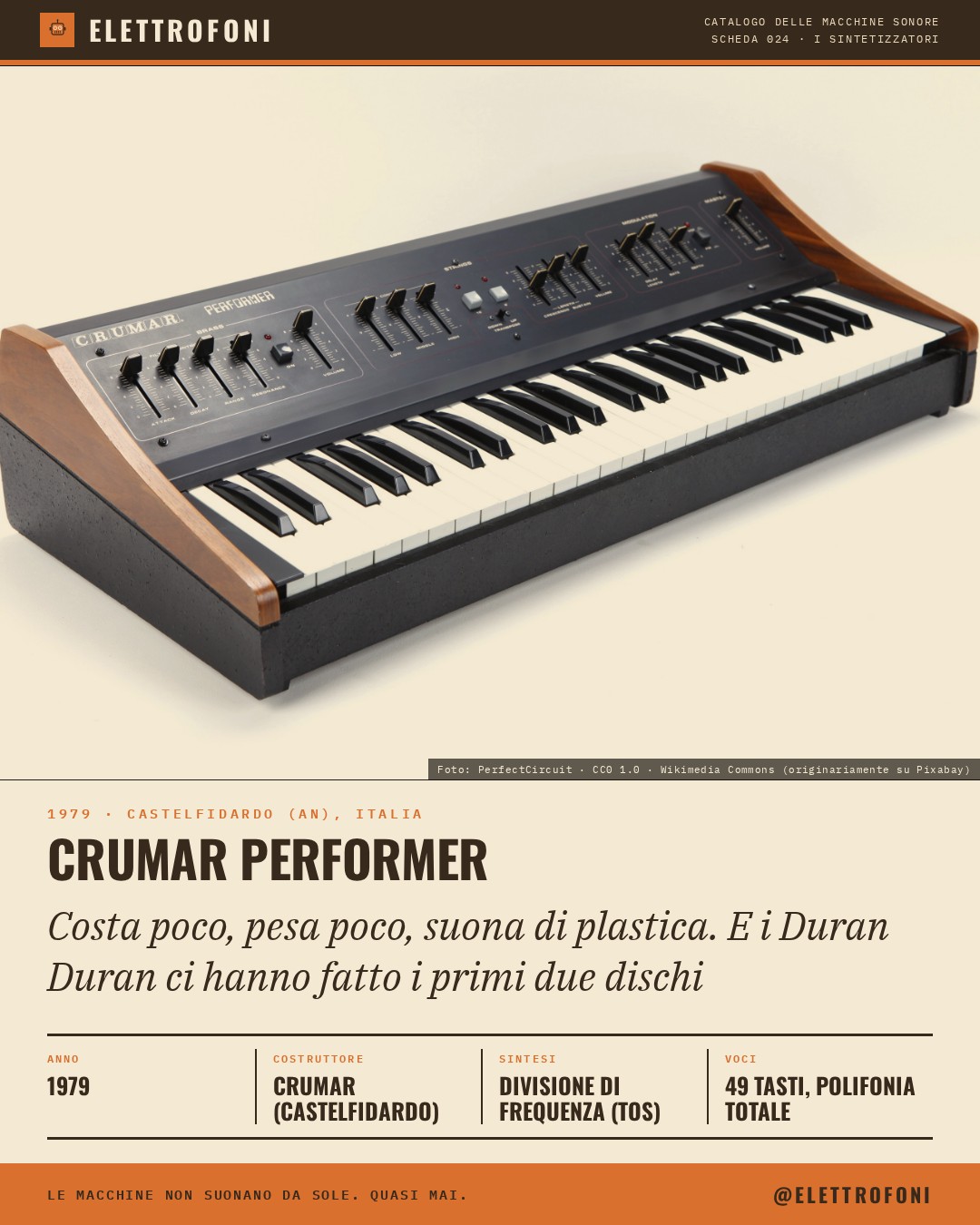Crumar Performer: fotografia dello strumento del 1979, costruito da Crumar (Mario Crucianelli). Costa poco, pesa poco, suona di plastica. E i Duran Duran ci hanno fatto i primi due dischi.