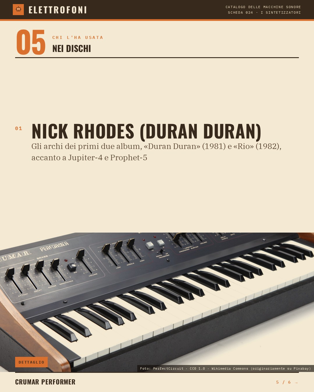 Crumar Performer (1979) — chi ha usato questa macchina: Nick Rhodes (Duran Duran) (Gli archi dei primi due album, «Duran Duran» (1981) e «Rio» (1982), accanto a Jupiter-4 e Prophet-5).