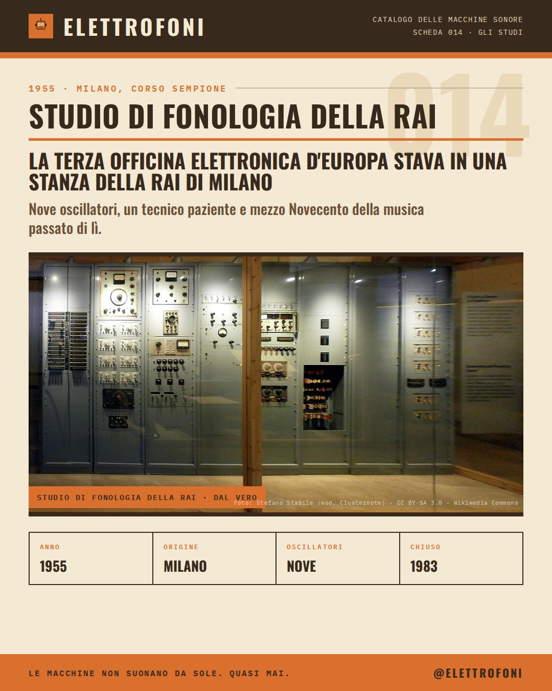 Studio di Fonologia della RAI: fotografia dello strumento del 1955, costruito da RAI. La terza officina elettronica d'Europa stava in una stanza della RAI di Milano.