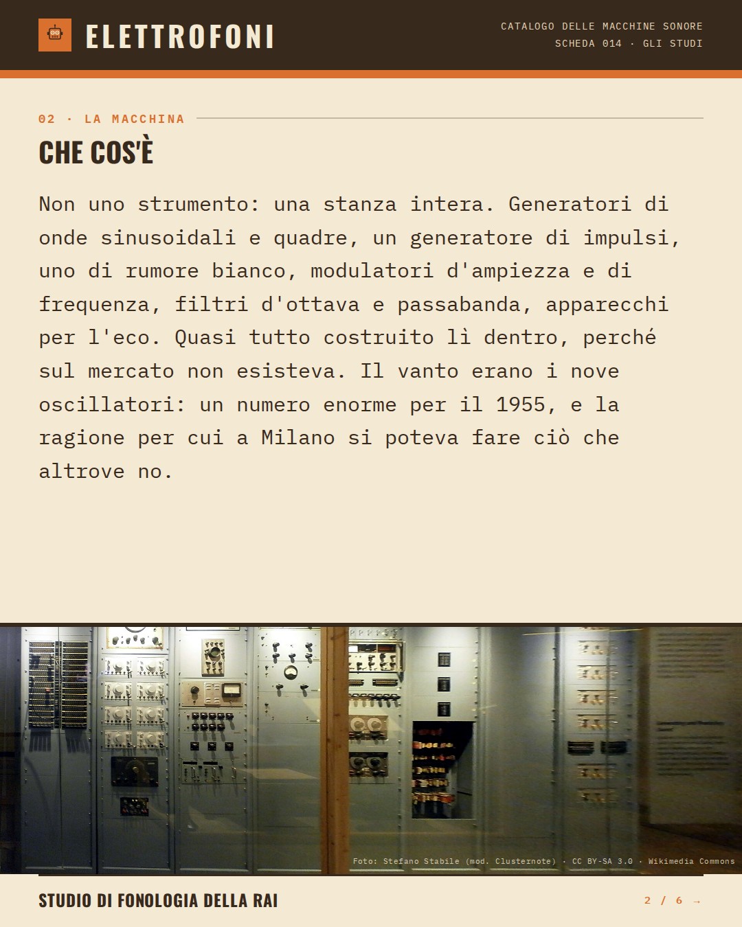 Studio di Fonologia della RAI (1955) — che cos'è. Non uno strumento: una stanza intera. Generatori di onde sinusoidali e quadre, un generatore di impulsi, uno di rumore bianco, modulatori d'ampiezza e di frequenza, filtri d'ottava e passabanda, apparecchi per l'eco. Quasi tutto c