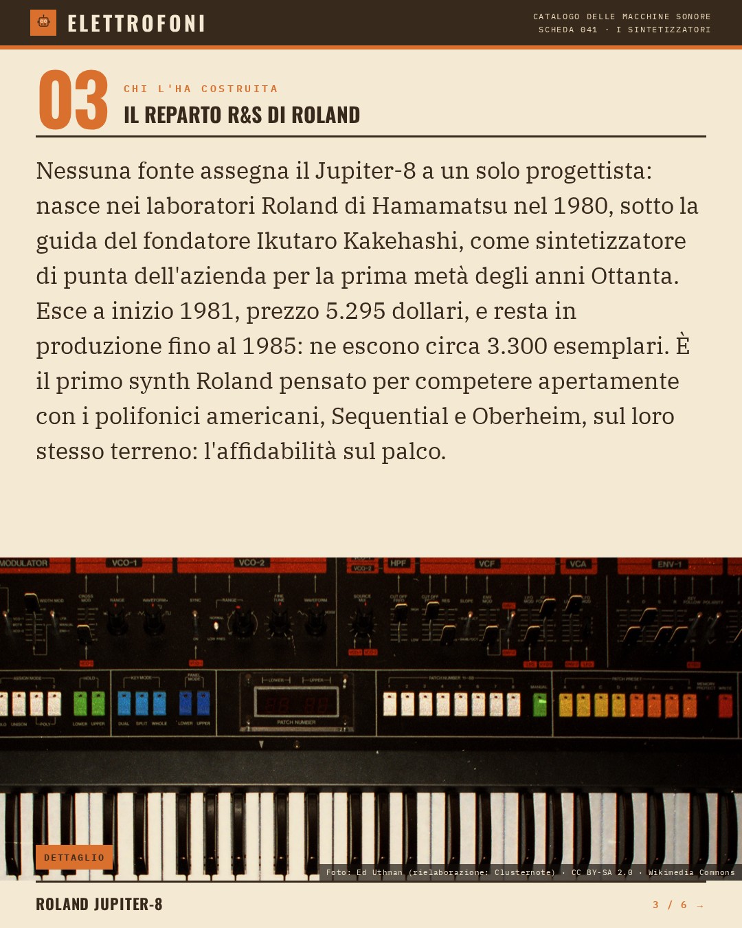 Roland Jupiter-8 (1981) — chi ha progettato questa macchina: Il reparto R&S di Roland. Nessuna fonte assegna il Jupiter-8 a un solo progettista: nasce nei laboratori Roland di Hamamatsu nel 1980, sotto la guida del fondatore Ikutaro Kakehashi, come sintetizzatore di punta dell'azienda per l