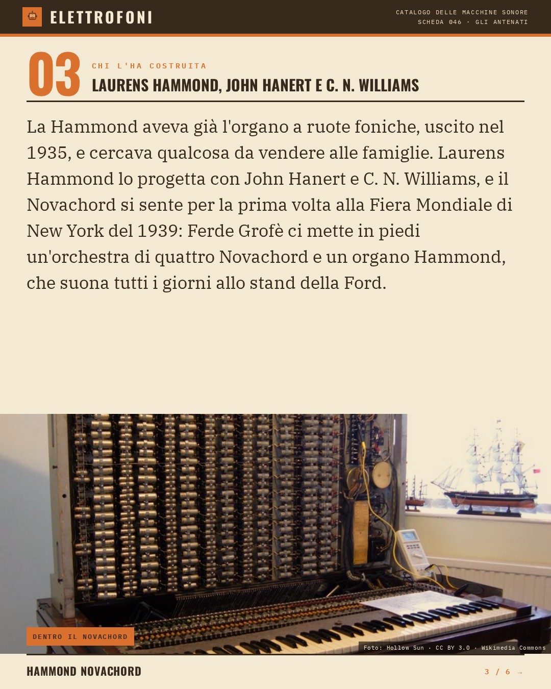 Hammond Novachord (1939) — chi ha progettato questa macchina: Laurens Hammond, John Hanert e C. N. Williams. La Hammond aveva già l'organo a ruote foniche, uscito nel 1935, e cercava qualcosa da vendere alle famiglie. Laurens Hammond lo progetta con John Hanert e C. N. Williams, e il Novachord