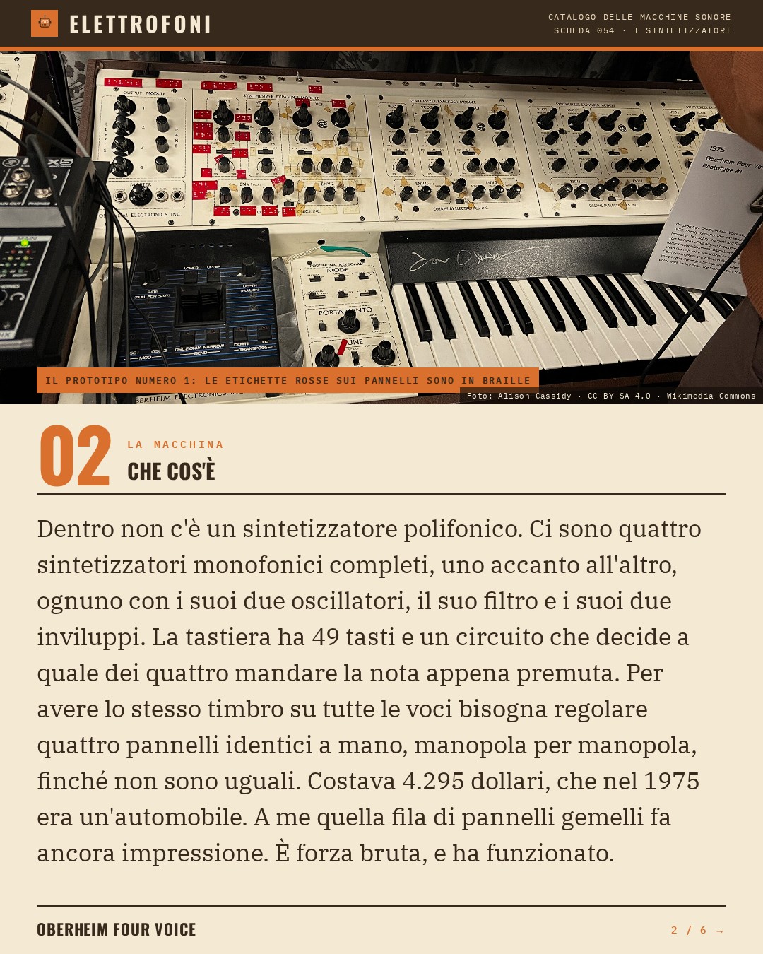 Oberheim Four Voice (1975) — che cos'è. Dentro non c'è un sintetizzatore polifonico. Ci sono quattro sintetizzatori monofonici completi, uno accanto all'altro, ognuno con i suoi due oscillatori, il suo filtro e i suoi due inviluppi. La tastiera ha 49 tasti e un circuito che decide a q
