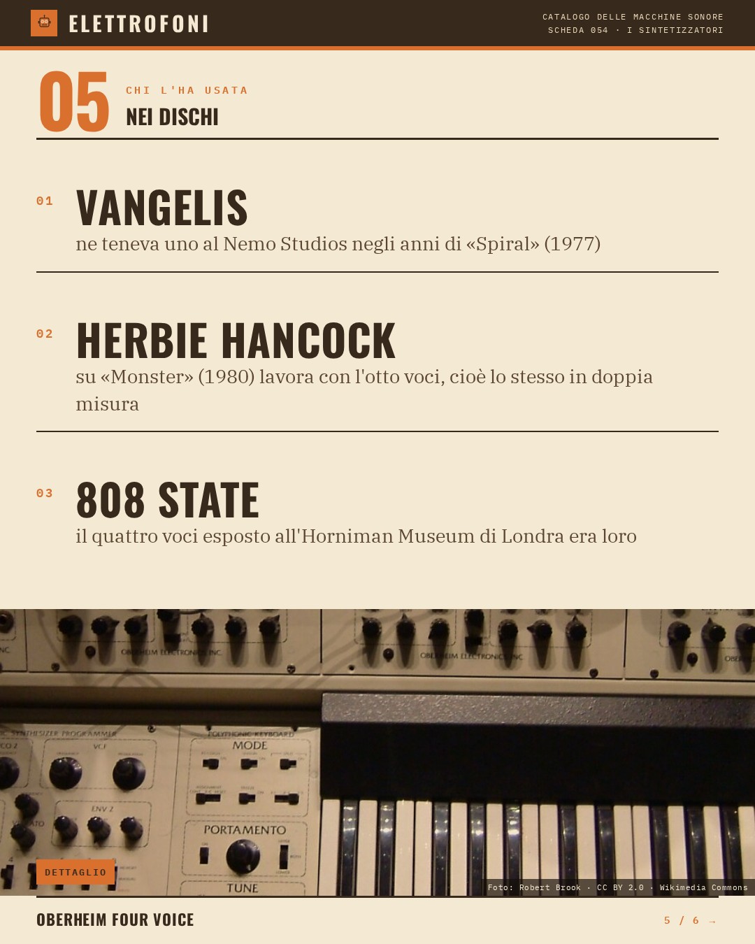 Oberheim Four Voice (1975) — chi ha usato questa macchina: Vangelis (ne teneva uno al Nemo Studios negli anni di «Spiral» (1977)), Herbie Hancock (su «Monster» (1980) lavora con l'otto voci, cioè lo stesso in doppia misura), 808 State (il quattro voci esposto all'Horniman Museum di Londra
