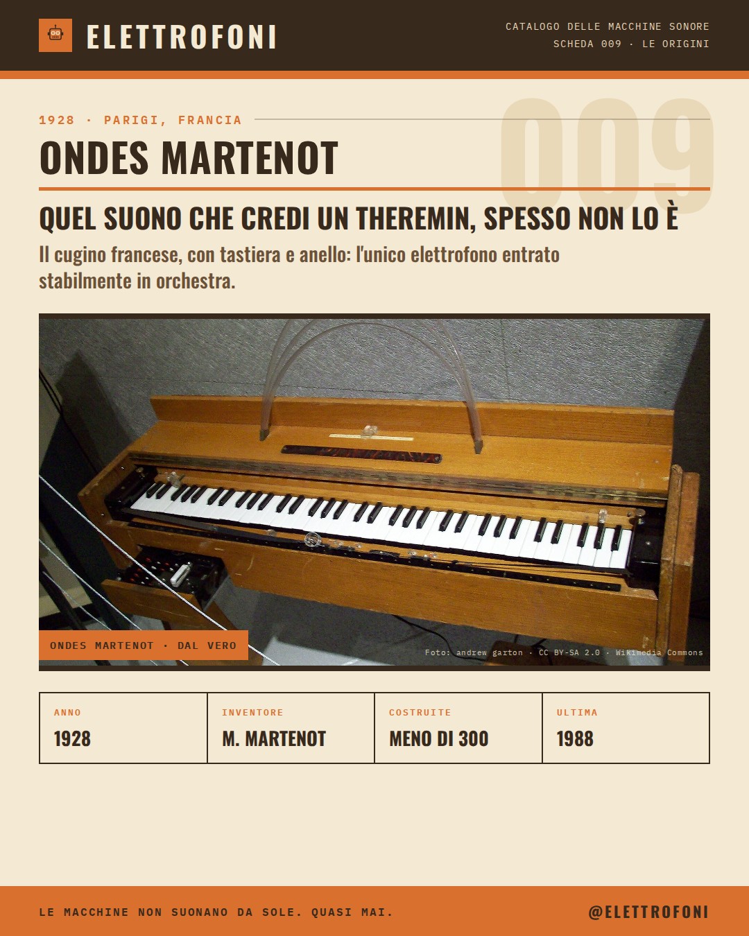 Ondes Martenot: fotografia dello strumento del 1928, costruito da Maurice Martenot. Quel suono che credi un theremin, spesso non lo è.