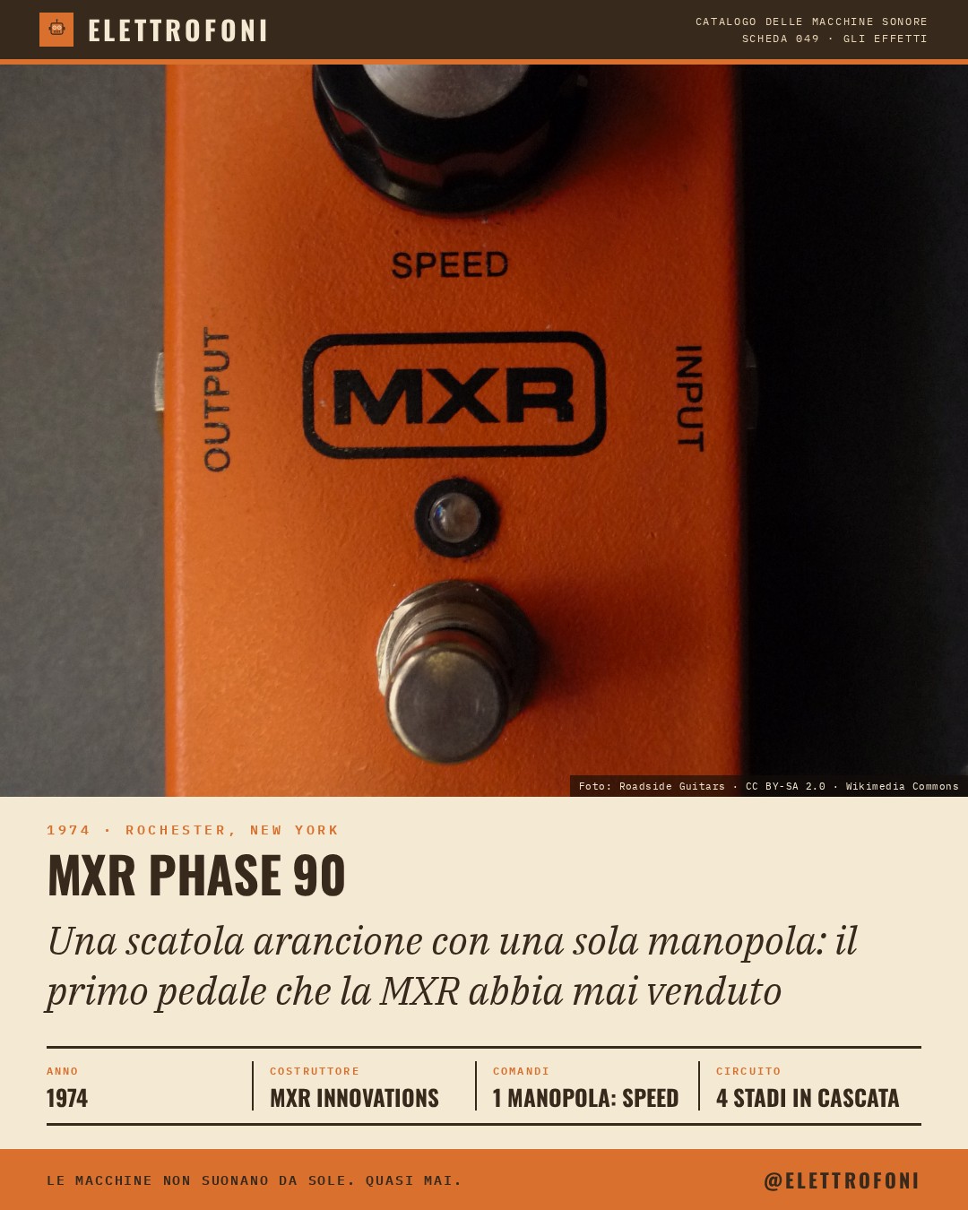 MXR Phase 90: fotografia dello strumento del 1974, costruito da MXR Innovations. Una scatola arancione con una sola manopola: il primo pedale che la MXR abbia mai venduto.