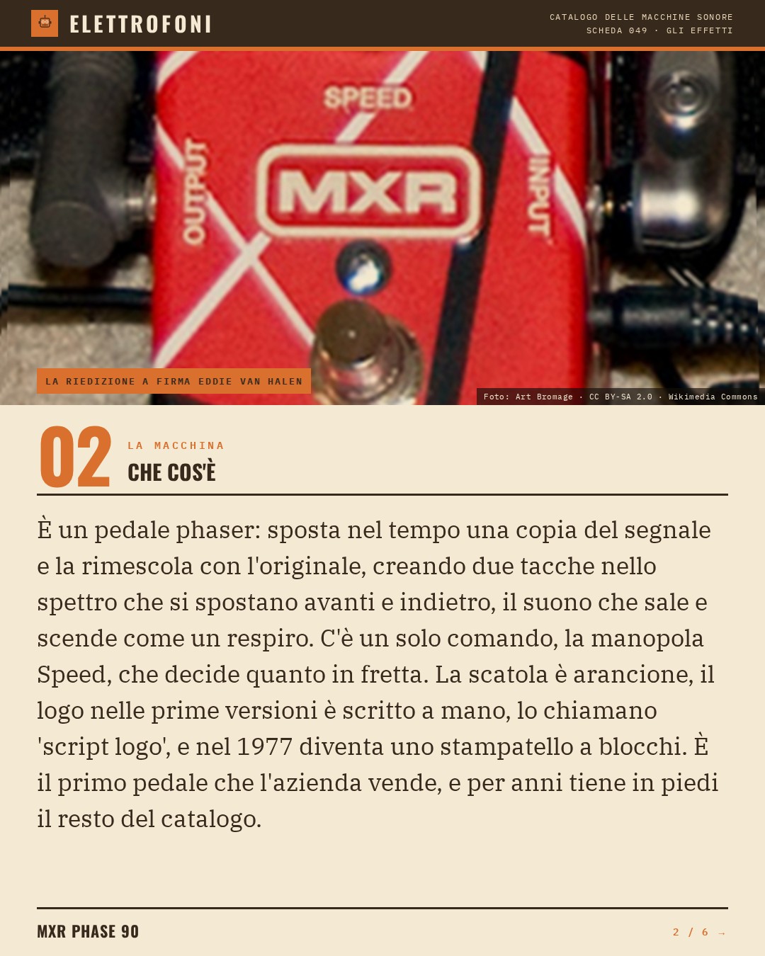 MXR Phase 90 (1974) — che cos'è. È un pedale phaser: sposta nel tempo una copia del segnale e la rimescola con l'originale, creando due tacche nello spettro che si spostano avanti e indietro, il suono che sale e scende come un respiro. C'è un solo comando, la manopola Speed, che decid