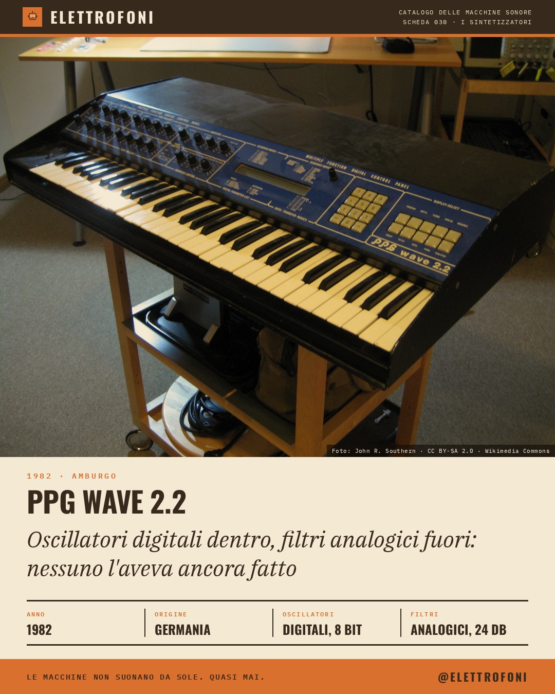 PPG Wave 2.2: fotografia dello strumento del 1982, costruito da Palm Products GmbH. Oscillatori digitali dentro, filtri analogici fuori: nessuno l'aveva ancora fatto.