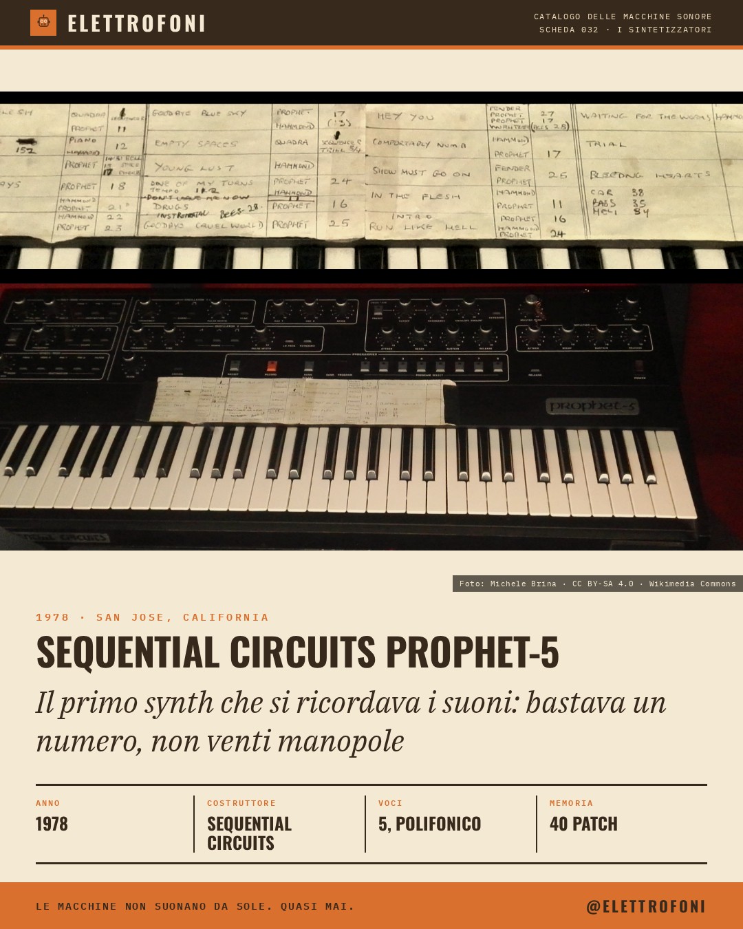 Sequential Circuits Prophet-5: fotografia dello strumento del 1978, costruito da Sequential Circuits. Il primo synth che si ricordava i suoni: bastava un numero, non venti manopole.