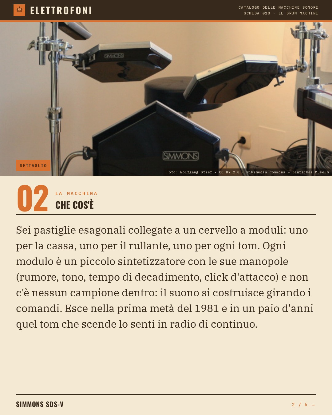 Simmons SDS-V (1981) — che cos'è. Sei pastiglie esagonali collegate a un cervello a moduli: uno per la cassa, uno per il rullante, uno per ogni tom. Ogni modulo è un piccolo sintetizzatore con le sue manopole (rumore, tono, tempo di decadimento, click d'attacco) e non c'è nessun campi