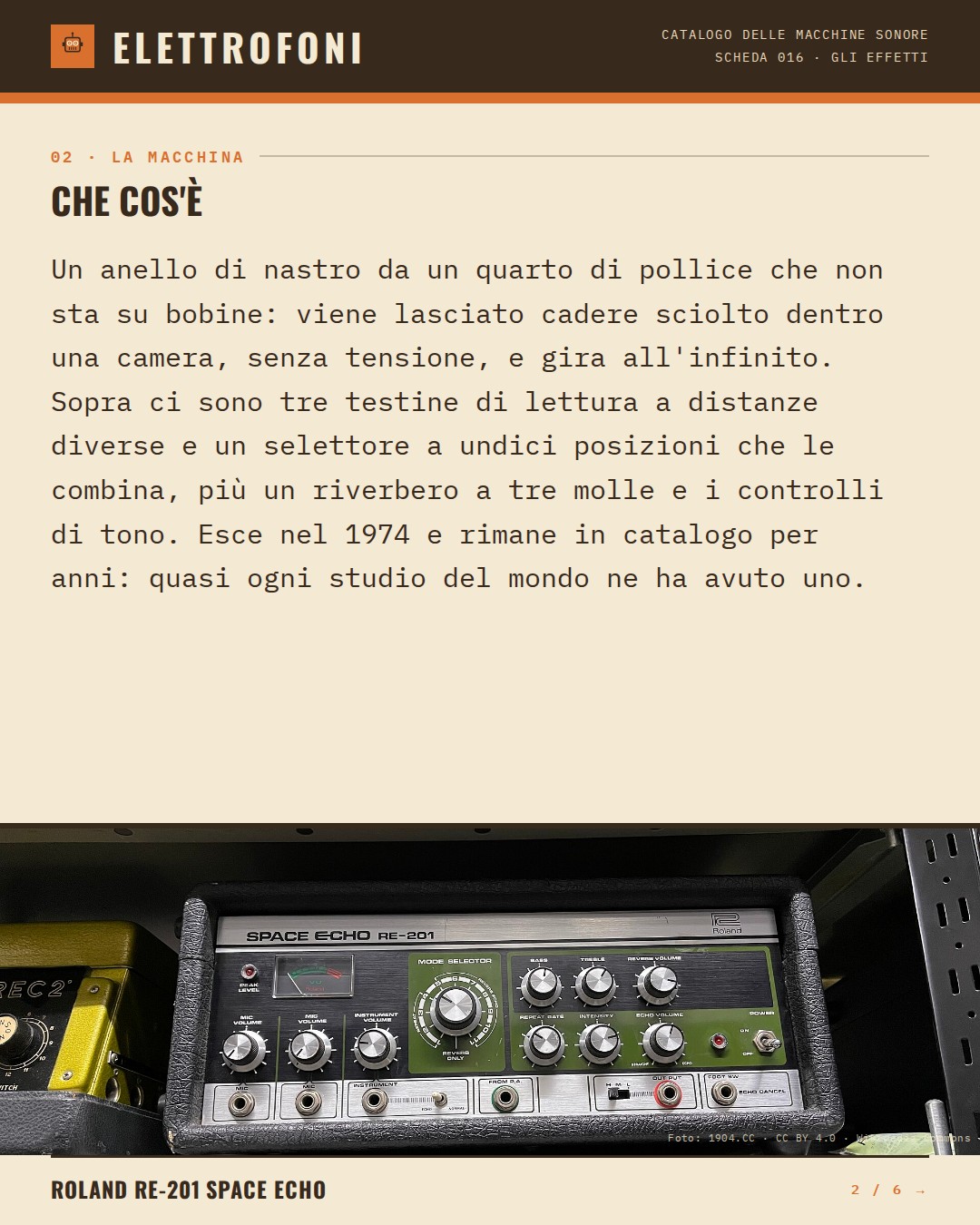 Roland RE-201 Space Echo (1974) — che cos'è. Un anello di nastro da un quarto di pollice che non sta su bobine: viene lasciato cadere sciolto dentro una camera, senza tensione, e gira all'infinito. Sopra ci sono tre testine di lettura a distanze diverse e un selettore a undici posizioni ch