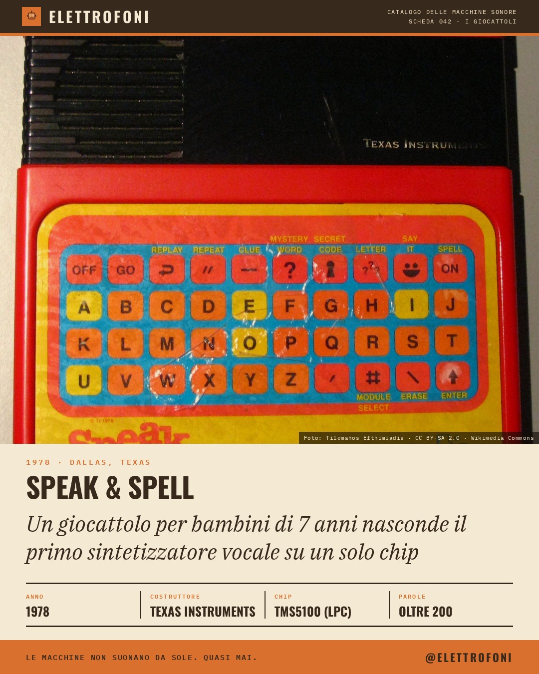 Speak & Spell: fotografia dello strumento del 1978, costruito da Texas Instruments. Un giocattolo per bambini di 7 anni nasconde il primo sintetizzatore vocale su un solo chip.
