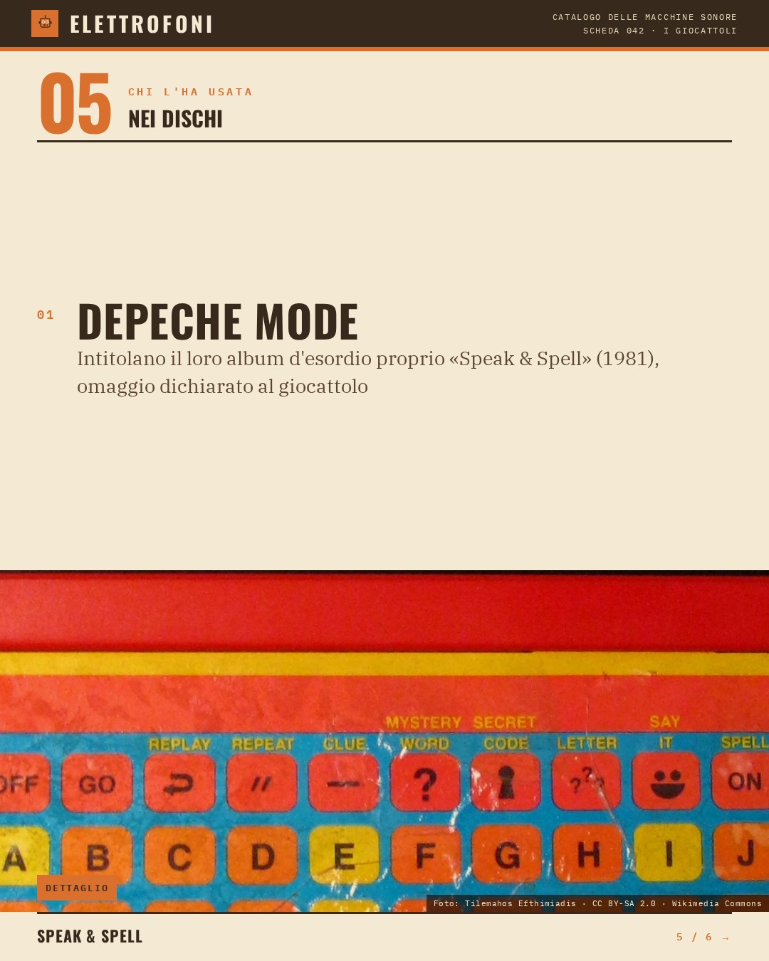 Speak & Spell (1978) — chi ha usato questa macchina: Depeche Mode (Intitolano il loro album d'esordio proprio «Speak & Spell» (1981), omaggio dichiarato al giocattolo).