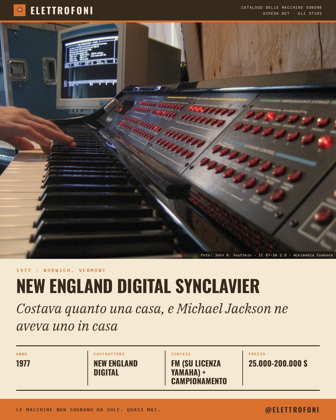 New England Digital Synclavier: fotografia dello strumento del 1977, costruito da New England Digital Corporation. Costava quanto una casa, e Michael Jackson ne aveva uno in casa.