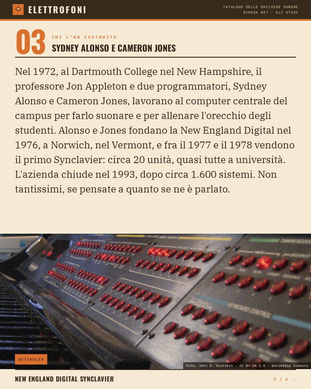 New England Digital Synclavier (1977) — chi ha progettato questa macchina: Sydney Alonso e Cameron Jones. Nel 1972, al Dartmouth College nel New Hampshire, il professore Jon Appleton e due programmatori, Sydney Alonso e Cameron Jones, lavorano al computer centrale del campus per farlo suonare e per