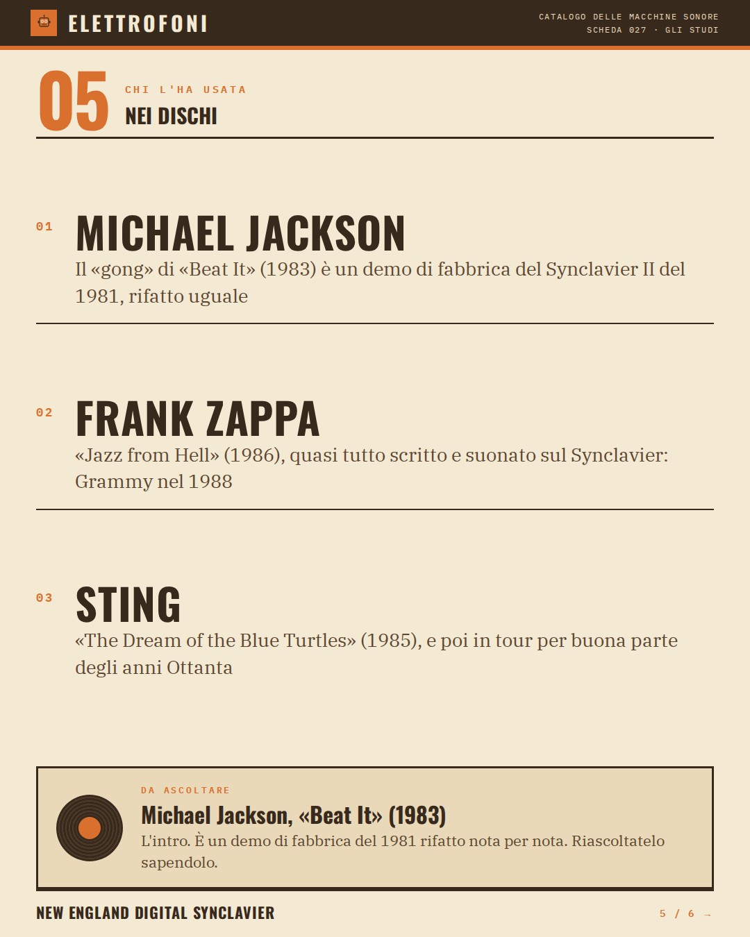 New England Digital Synclavier (1977) — chi ha usato questa macchina: Michael Jackson (Il «gong» di «Beat It» (1983) è un demo di fabbrica del Synclavier II del 1981, rifatto uguale), Frank Zappa («Jazz from Hell» (1986), quasi tutto scritto e suonato sul Synclavier: Grammy nel 1988), Sting («The Dr