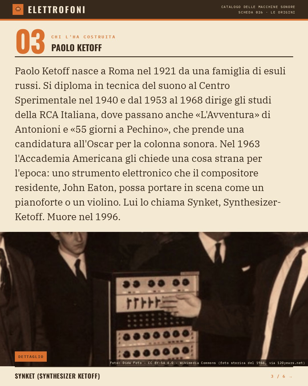 Synket (Synthesizer Ketoff) (1963) — chi ha progettato questa macchina: Paolo Ketoff. Paolo Ketoff nasce a Roma nel 1921 da una famiglia di esuli russi. Si diploma in tecnica del suono al Centro Sperimentale nel 1940 e dal 1953 al 1968 dirige gli studi della RCA Italiana, dove passano anche «L'