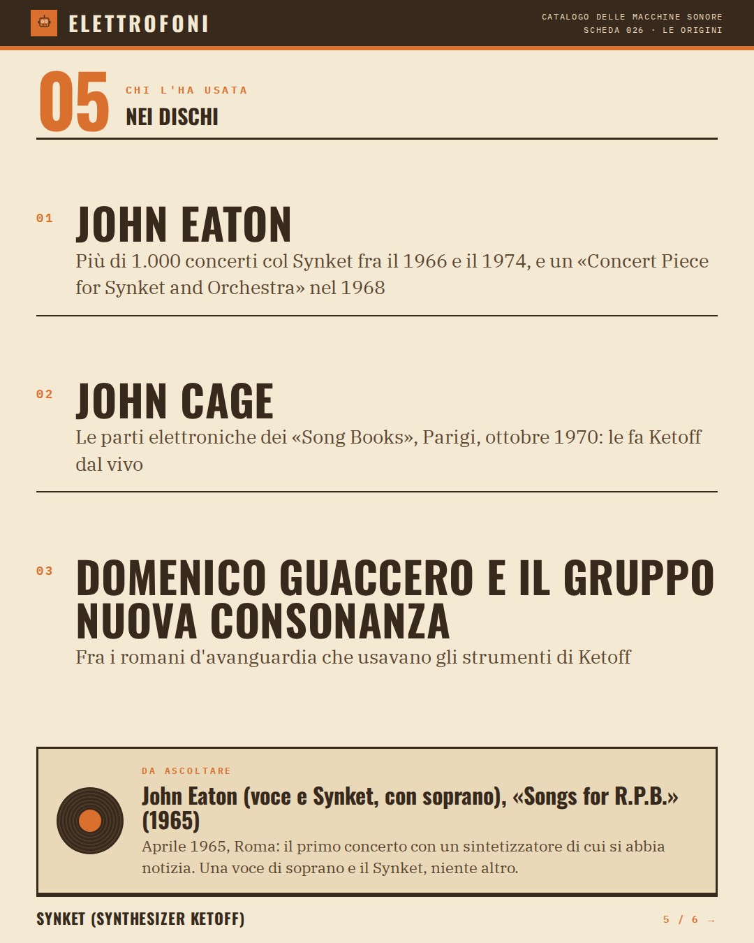 Synket (Synthesizer Ketoff) (1963) — chi ha usato questa macchina: John Eaton (Più di 1.000 concerti col Synket fra il 1966 e il 1974, e un «Concert Piece for Synket and Orchestra» nel 1968), John Cage (Le parti elettroniche dei «Song Books», Parigi, ottobre 1970: le fa Ketoff dal vivo), Domenico Gu