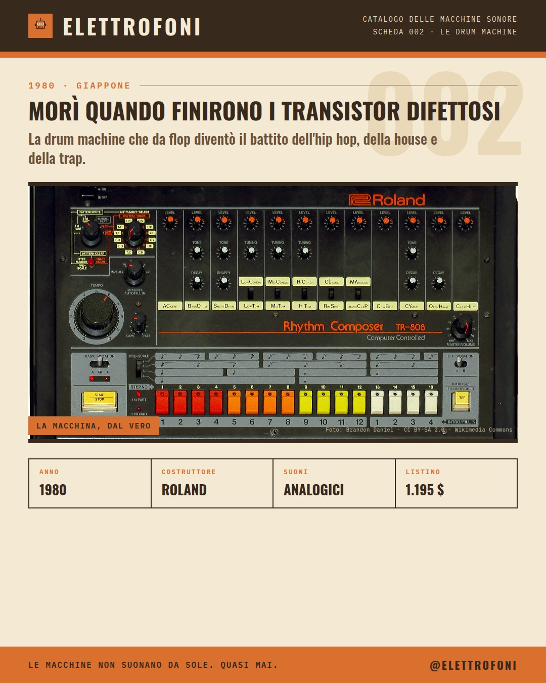 Roland TR-808: fotografia dello strumento del 1980, costruito da Roland. Morì quando finirono i transistor difettosi.