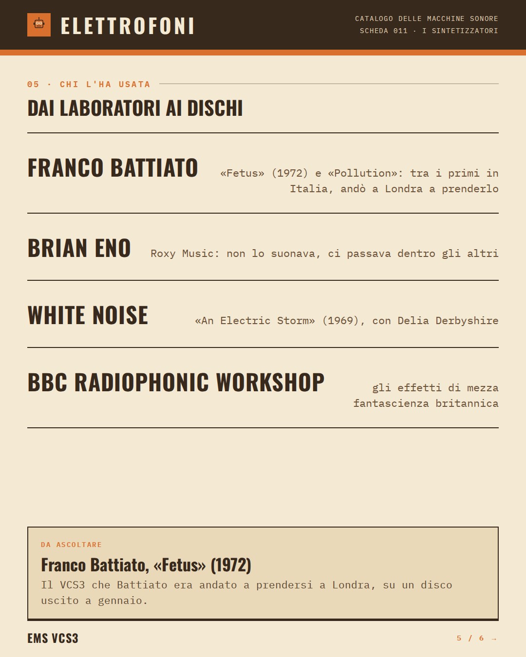 EMS VCS3 (1969) — chi ha usato questa macchina: Franco Battiato («Fetus» (1972) e «Pollution»: tra i primi in Italia, andò a Londra a prenderlo), Brian Eno (Roxy Music: non lo suonava, ci passava dentro gli altri), White Noise («An Electric Storm» (1969), con Delia Derbyshire), BBC Radiophonic Works