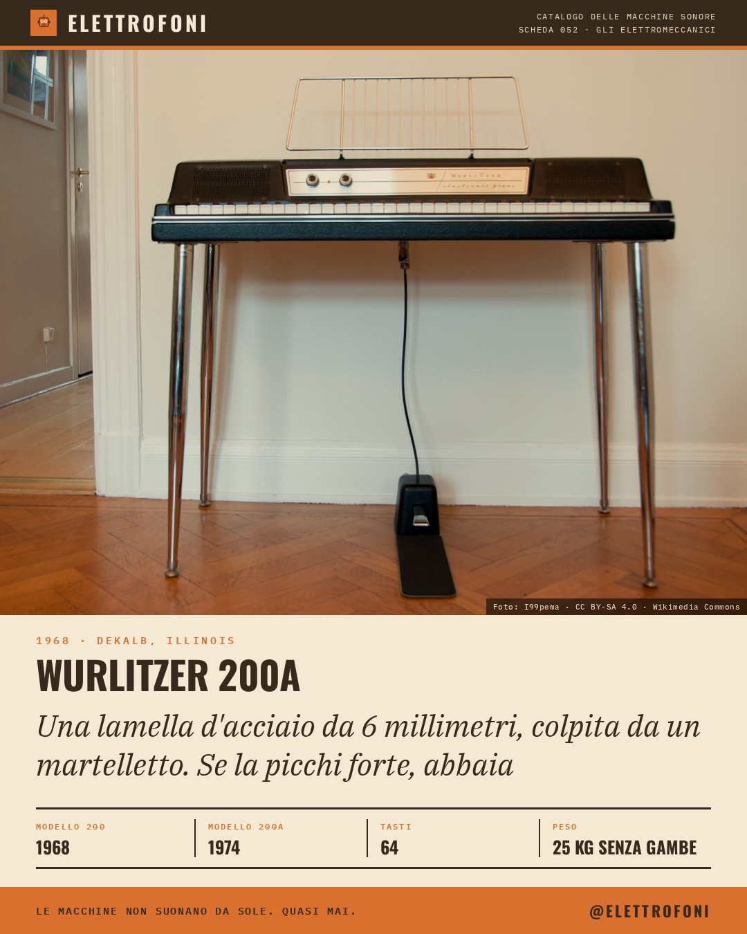 Wurlitzer 200A: fotografia dello strumento del 1968, costruito da Wurlitzer. Una lamella d'acciaio da 6 millimetri, colpita da un martelletto. Se la picchi forte, abbaia.